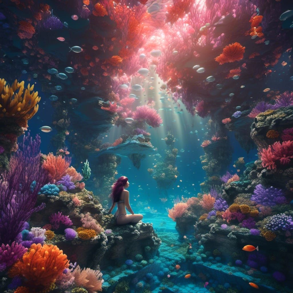 Mermaid's Coral Reef Exploration: Fantasy Art