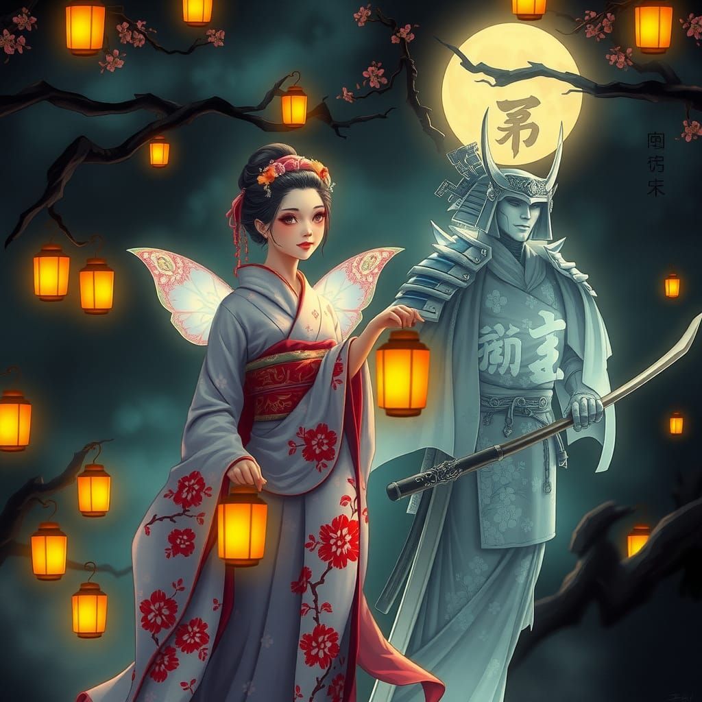 Fairy Elf Geisha with Ghost Samurai in Japanese Art Style