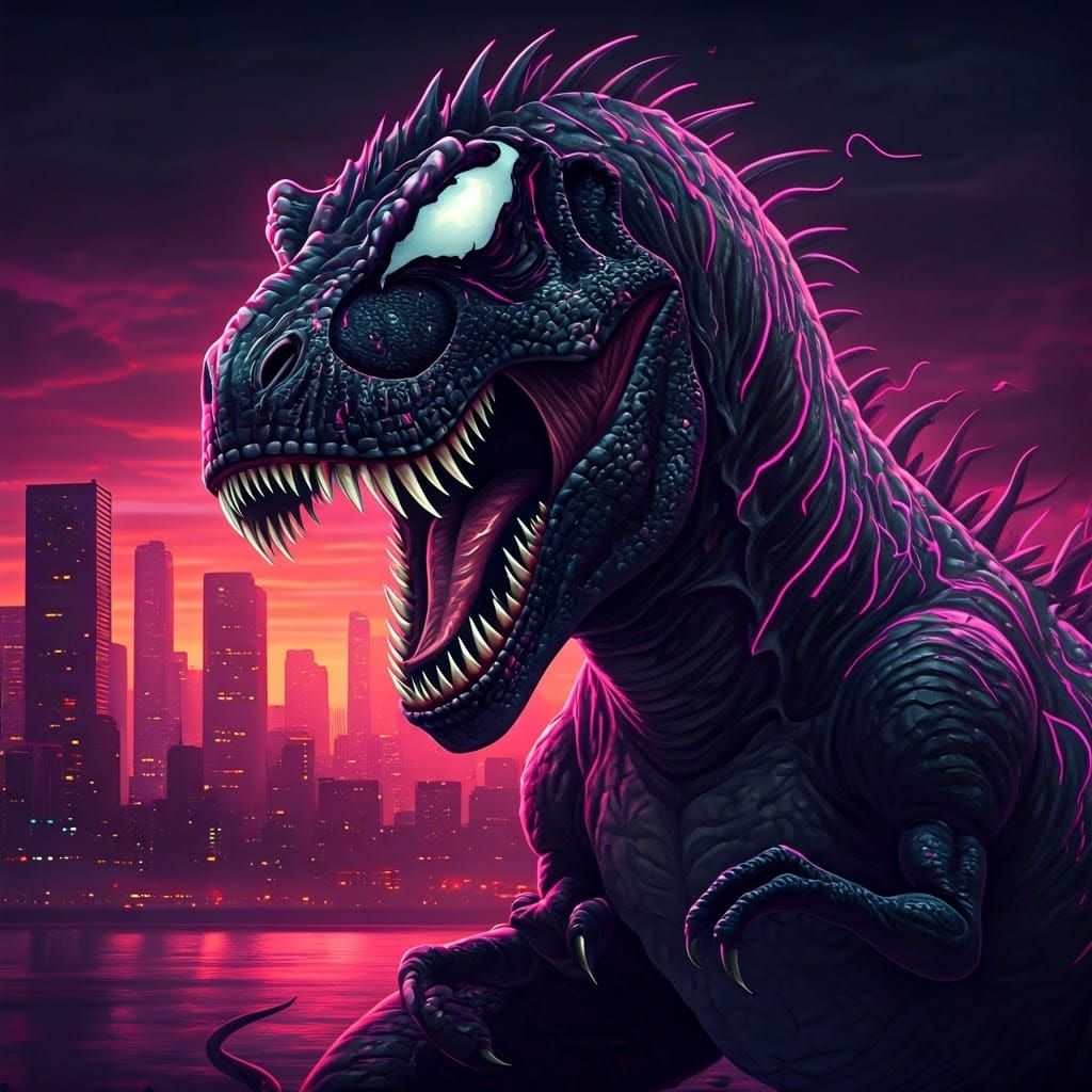 Synthwave T-Rex with Venom Appearance in Cyberpunk City