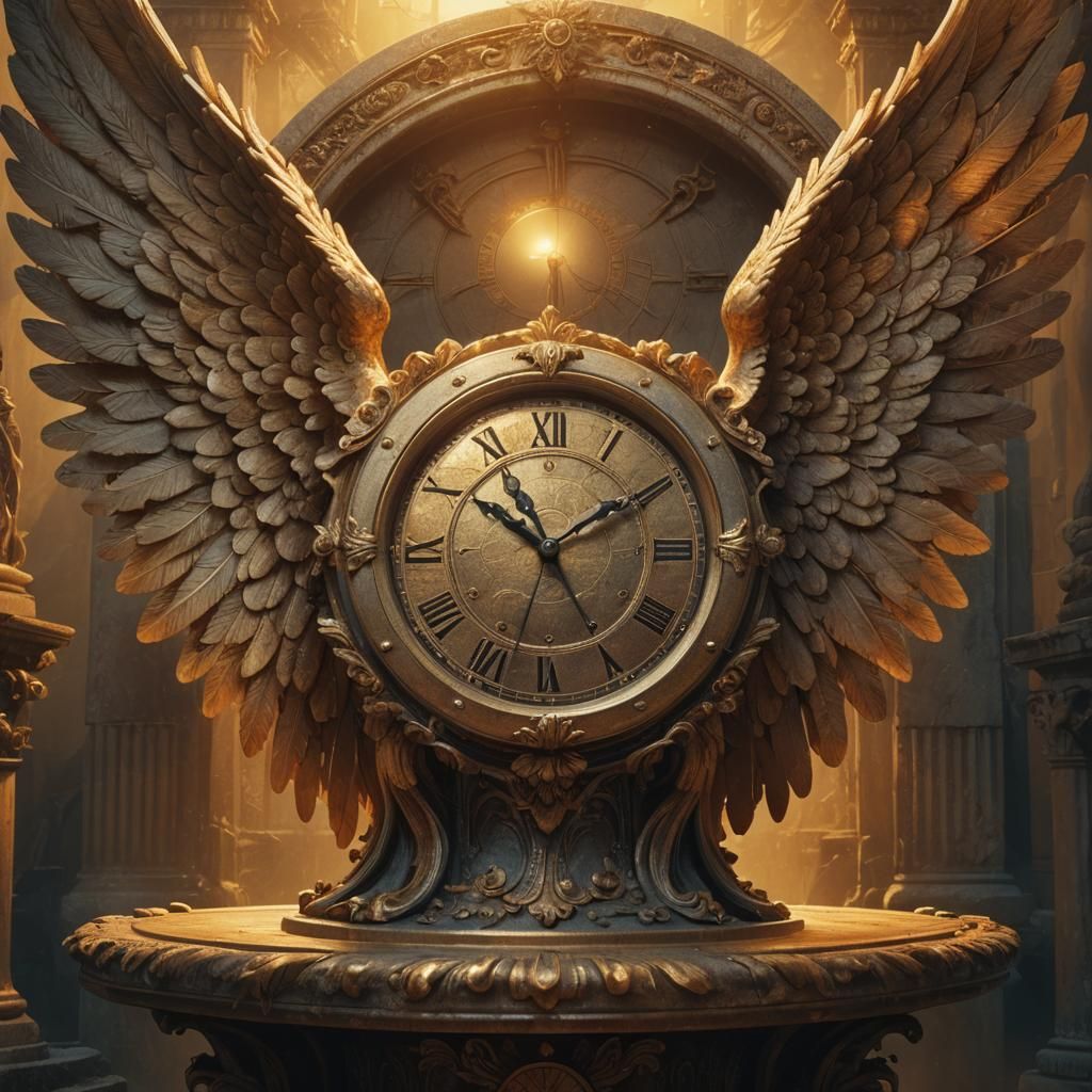 Winged Clock on Pedestal in Beksiński Style