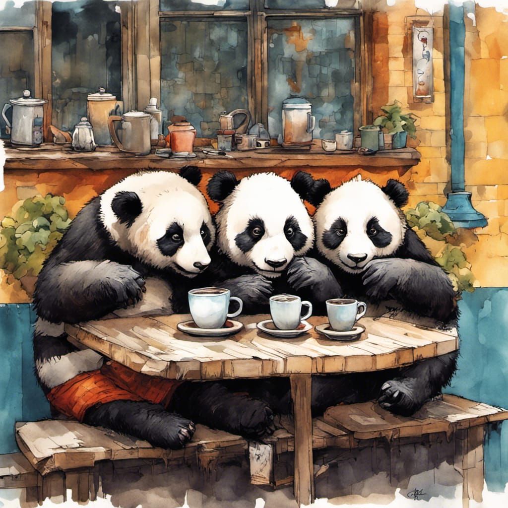 Sleepy Pandas Coffee Break: Whimsical Gouache Illustration