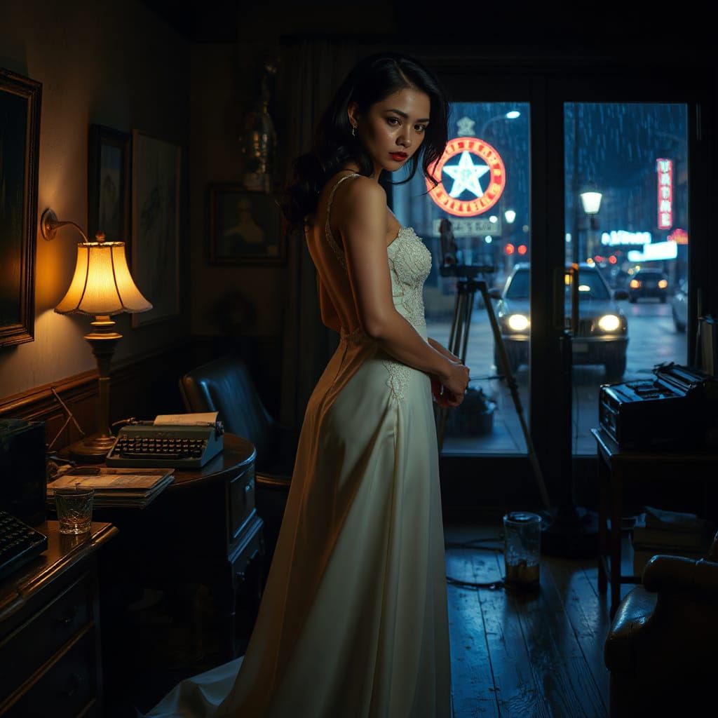 Mysterious Woman in a Rainy City Night