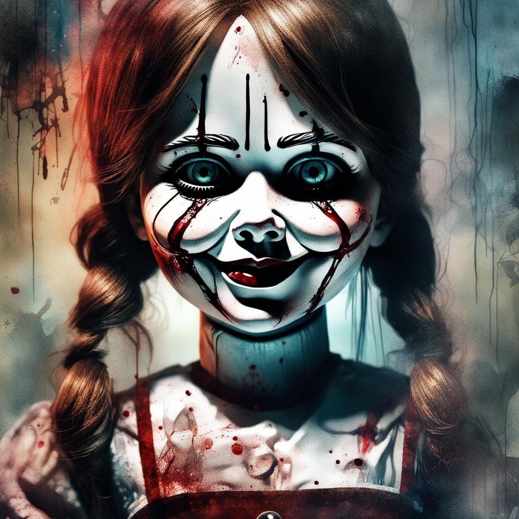 Terrifying Annabelle Doll in Watercolor Style