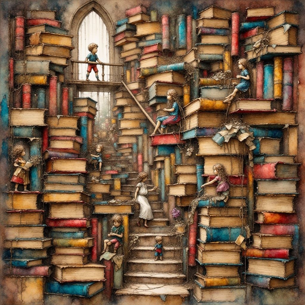 Miniature People Explore Towering Book Library