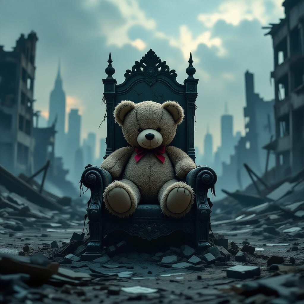 Tattered Bear on Throne in Post-Apocalyptic City