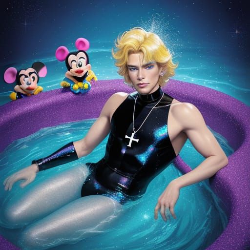 Vibrant Pop Art Scene of a Blonde Nun and Kobold in a Whirlp...