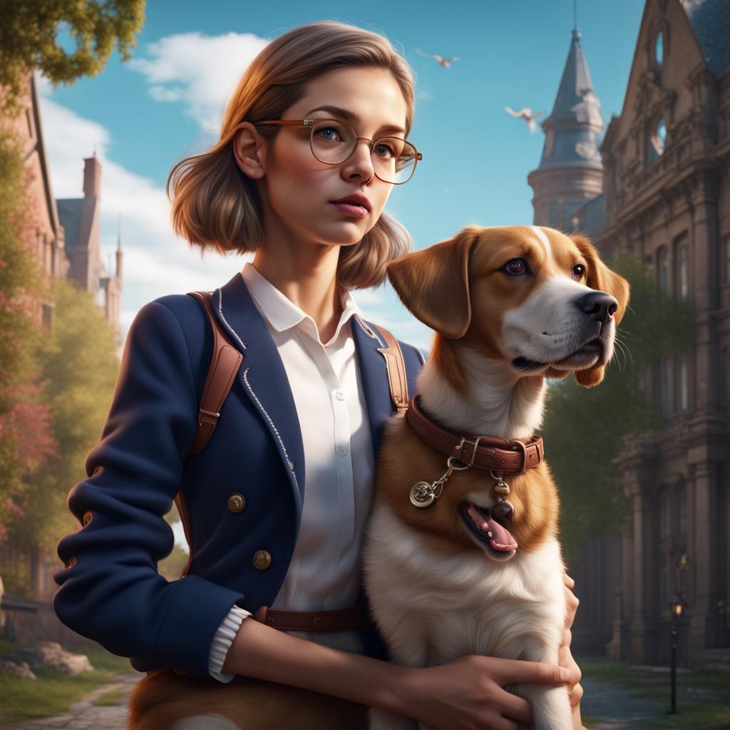 Preppy Girl with Dog: Detailed Matte Painting