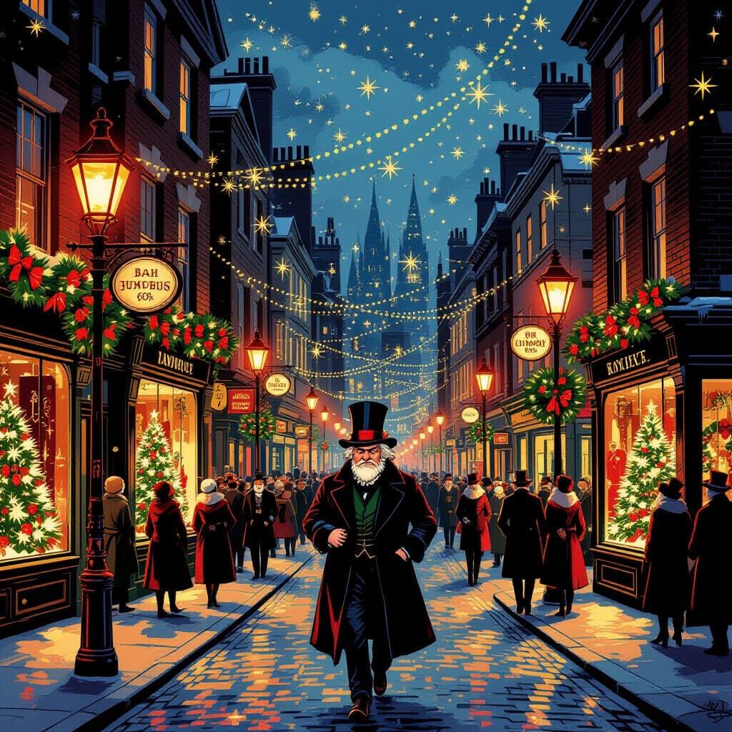 Victorian London Christmas Street Scene with Ebenezer Scroog...