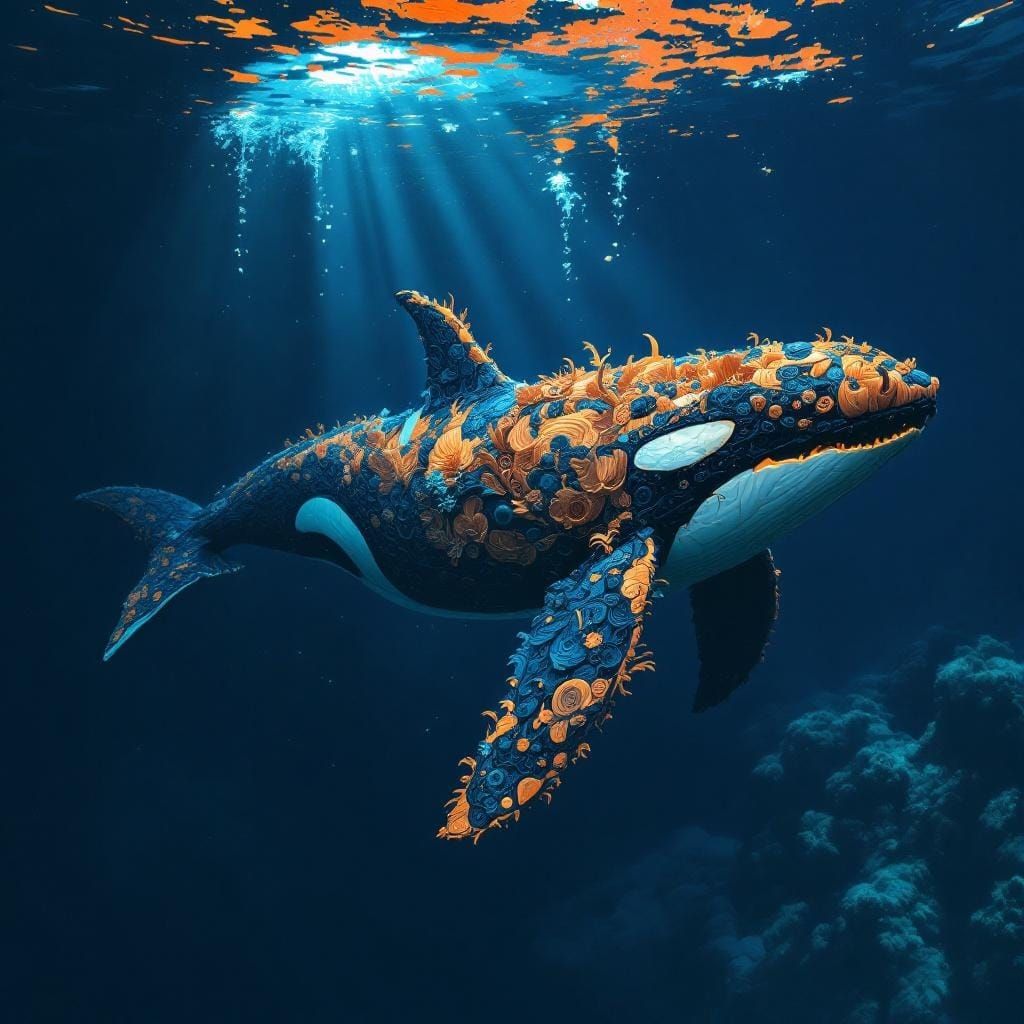 Wooden Orca Whale in Mystic Ocean, Digital Matte Painting