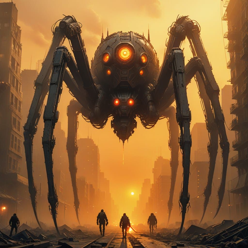 Giant Mechanical Spider in Post-Apocalyptic Cityscape