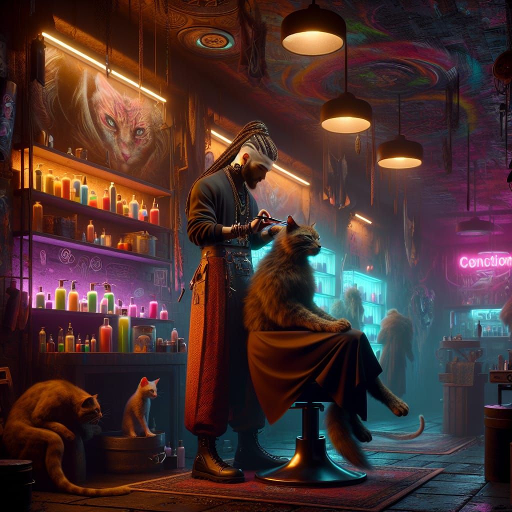 Underground Cat Grooming Salon with Neon Lights