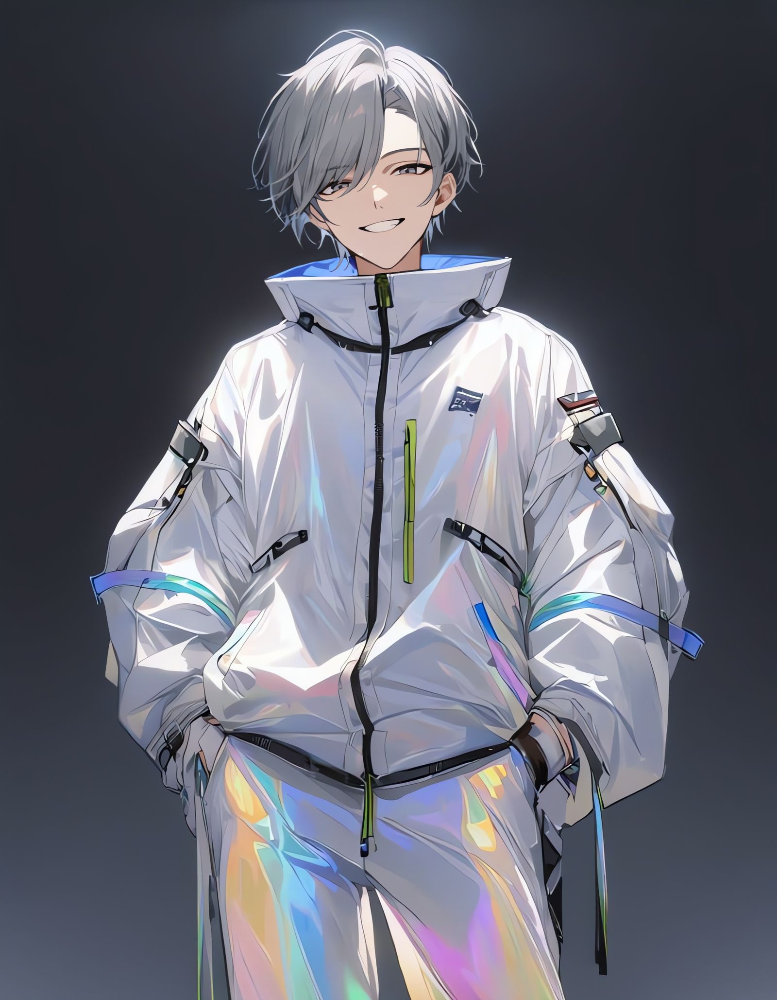 Bishounen with Glowing Goggles in Iridescent Techwear