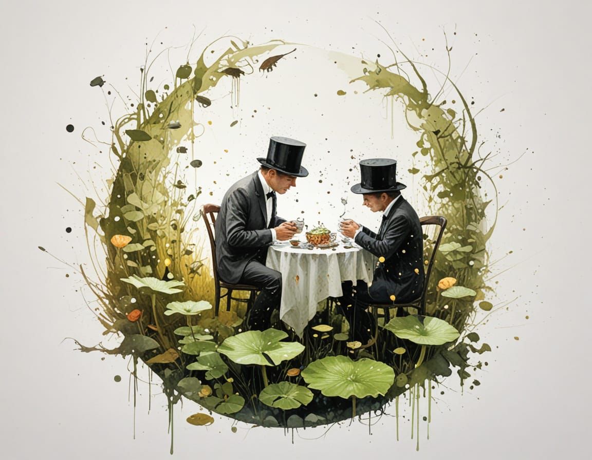 Amphibious Tea Party: Frogs in Top Hats at Moonlit Marsh