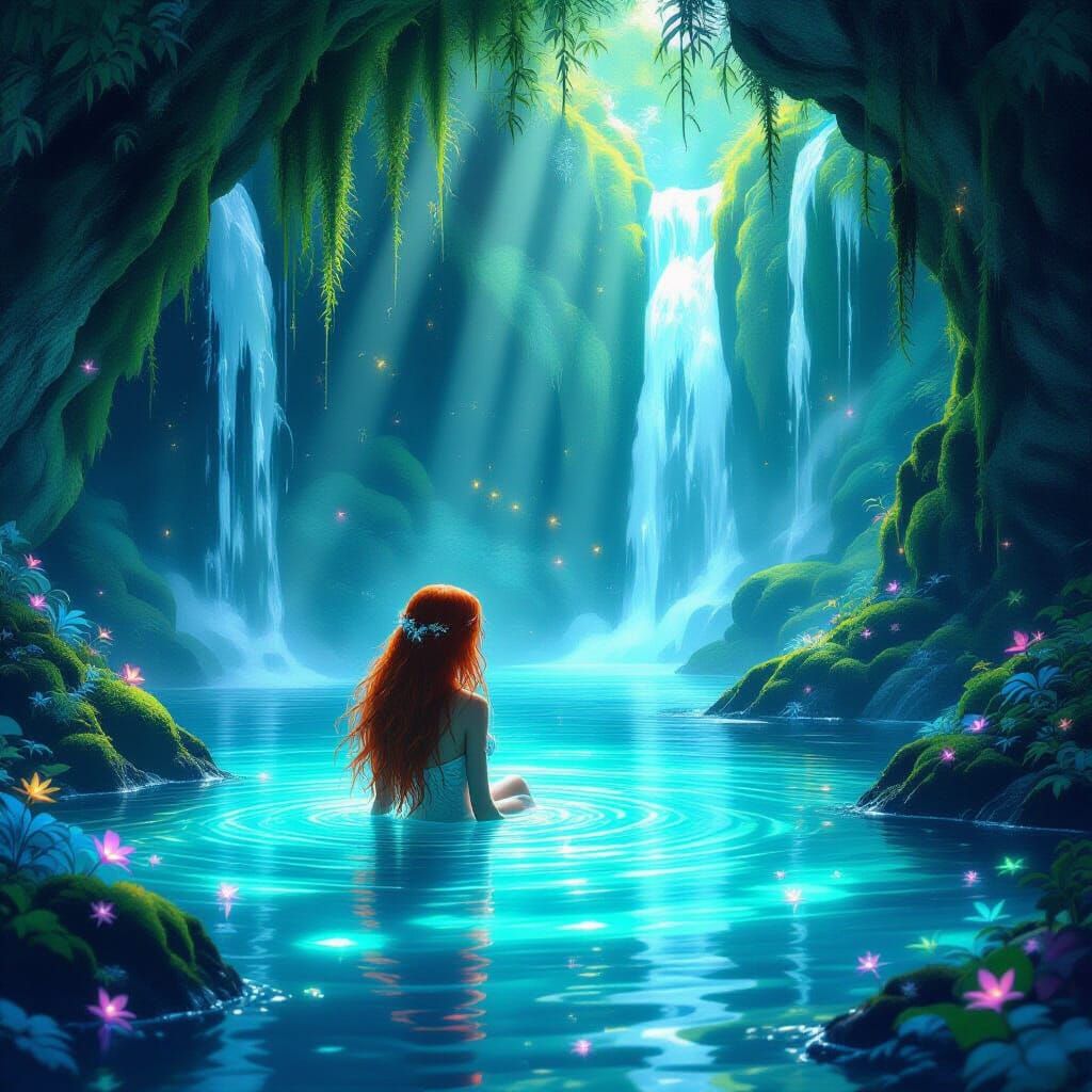 Bioluminescent Grotto with Redhead in Ethereal Style