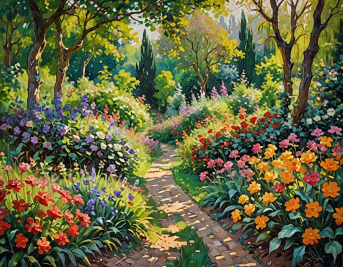 Lush Garden Portrait in Impressionist Style