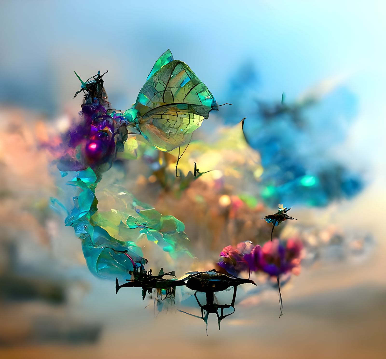 Ecological Biopunk Butterfly Drones in Futuristic City