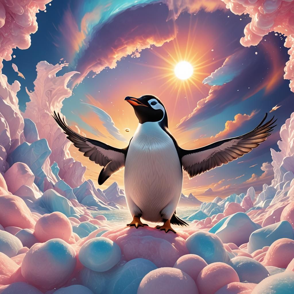 Joyful Penguin in Vortex of Colorful Clouds