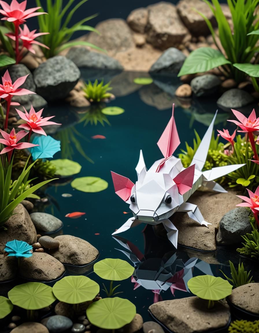 Origami Axolotl in Underwater Habitat