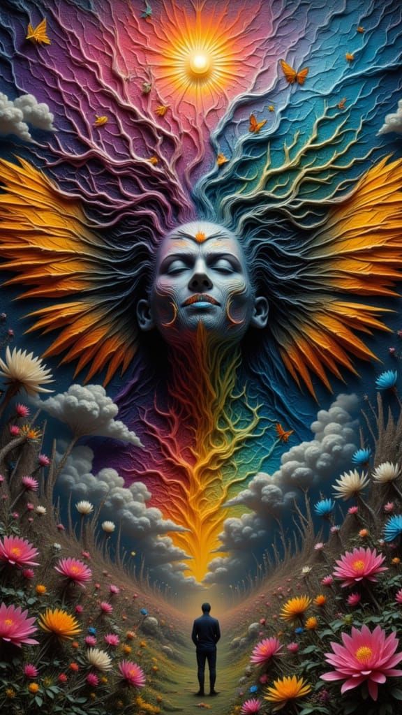 Surreal Man in Moth Costume with Rainbow Lightning