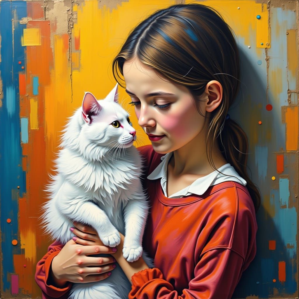 Teen Girl and Cat in Vibrant Modern Art Style