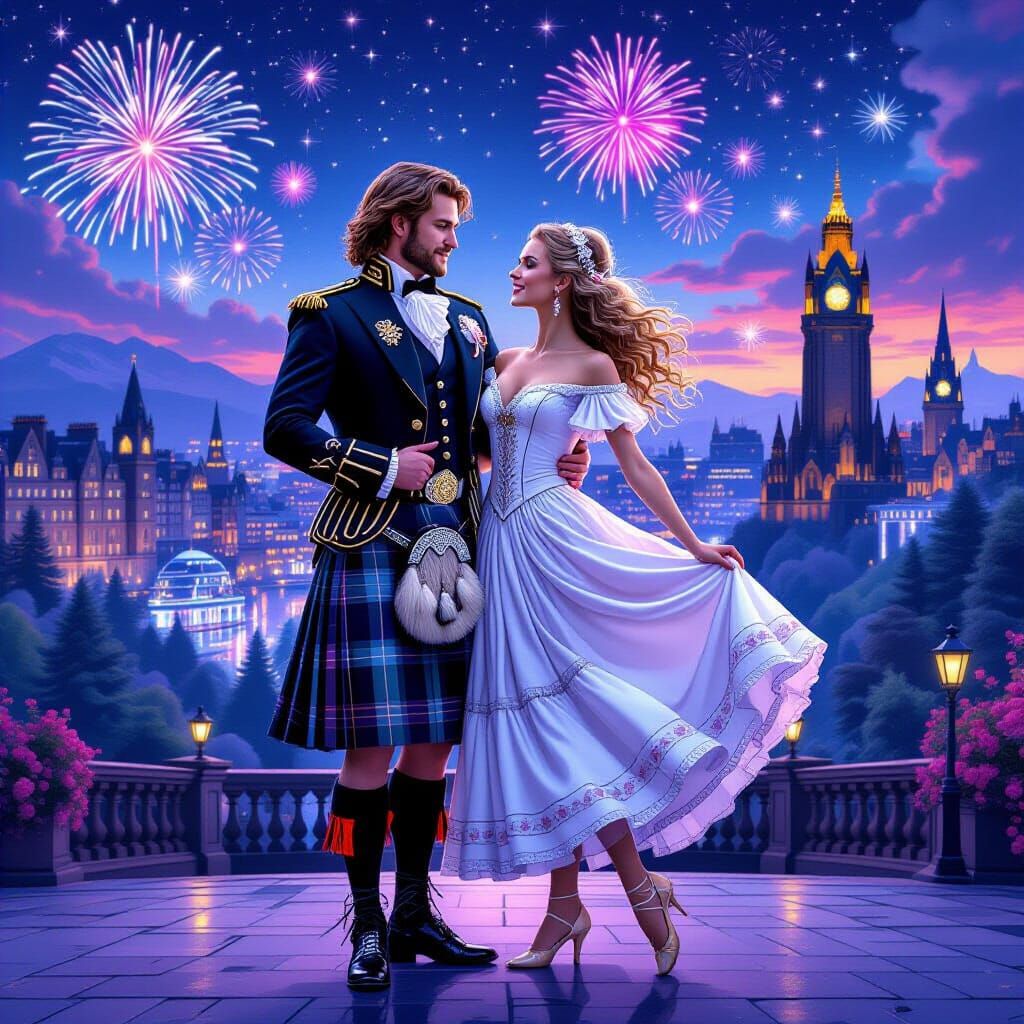 Scottish Highland Dancers in Futuristic Edinburgh