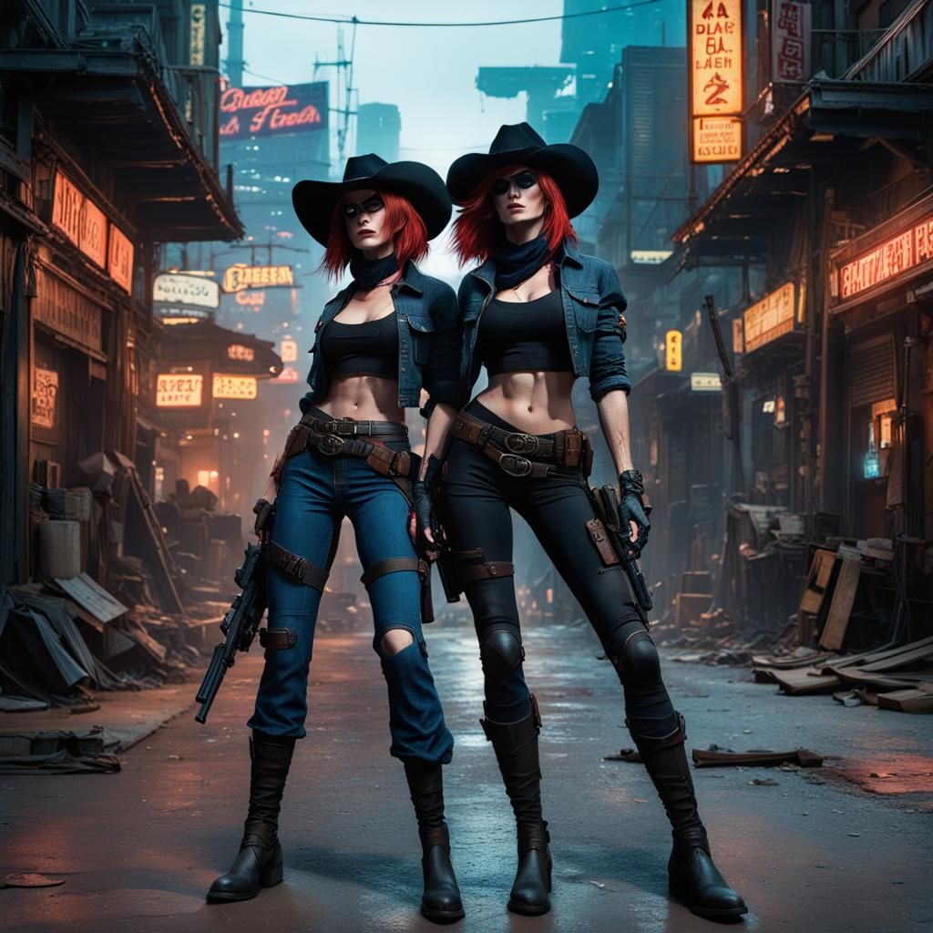 Cyberpunk Cowgirl Outlaws Posing in Western Town