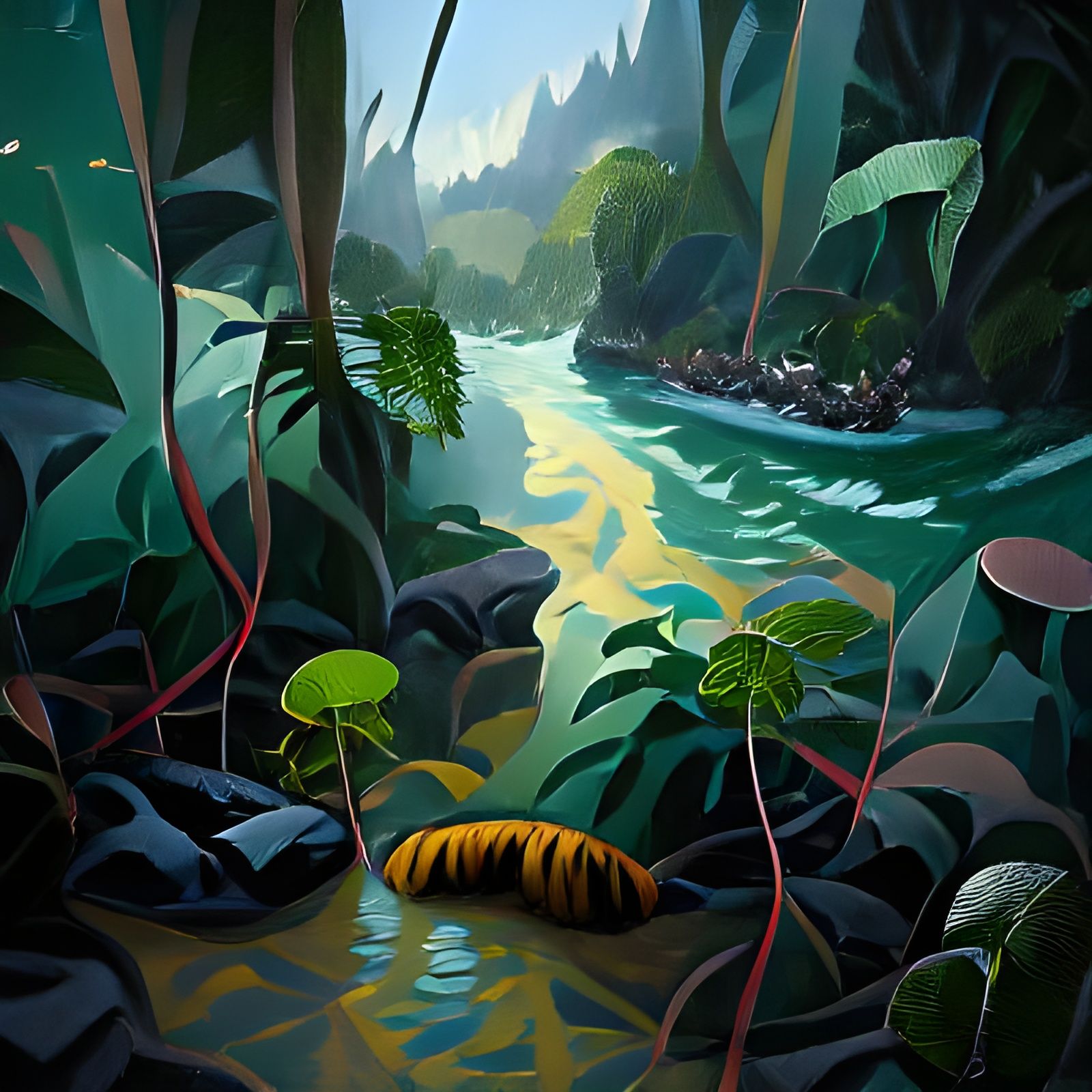 Lush Jungle River Scene, Painterly Style