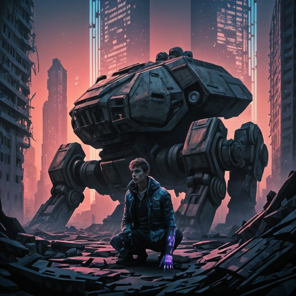 Cyberpunk Siege Mech Ruins in Vibrant Neon Oil Pastel Style