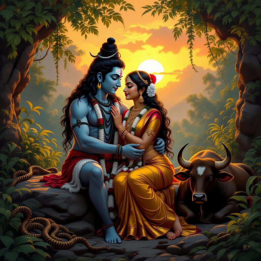 Shiva and Parvati Embrace in Golden Hour Jungle