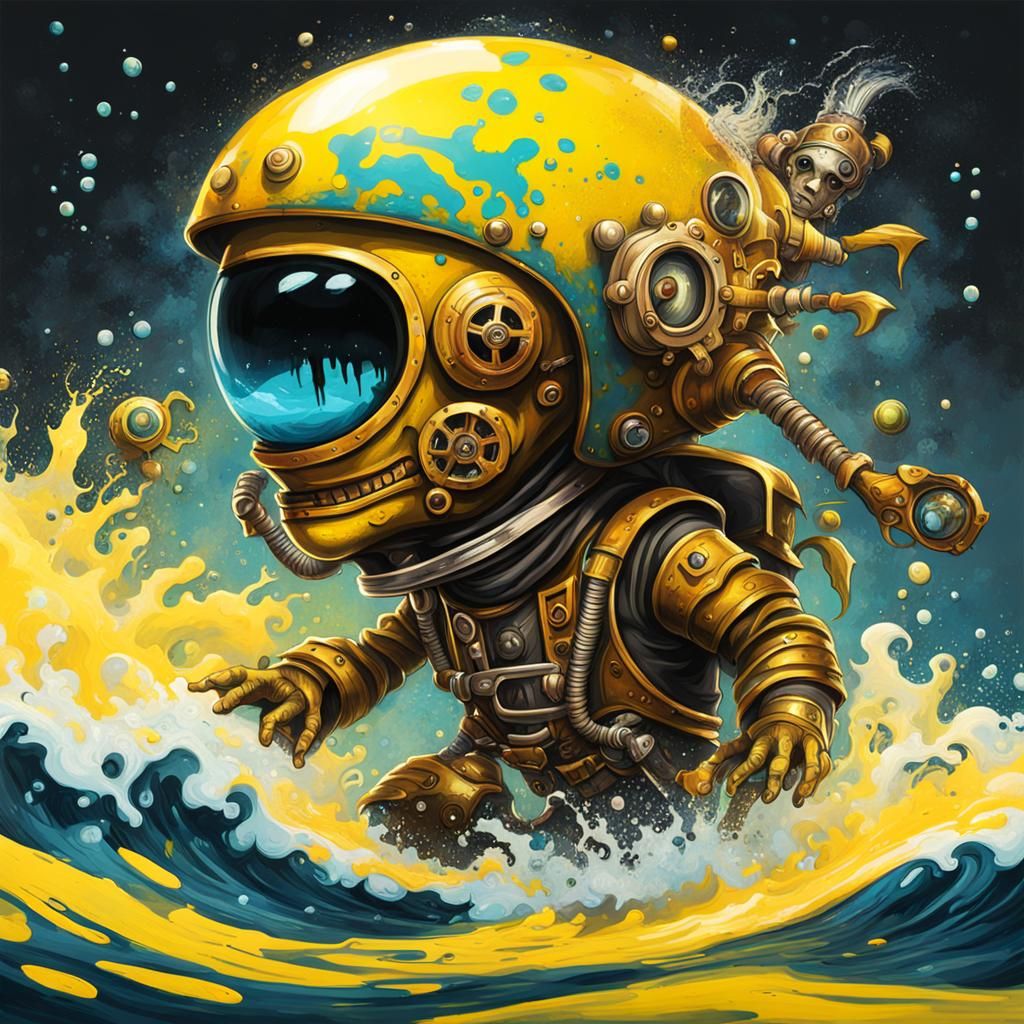 Amidst the cosmic waves of distant galaxies, a steampunk ali...