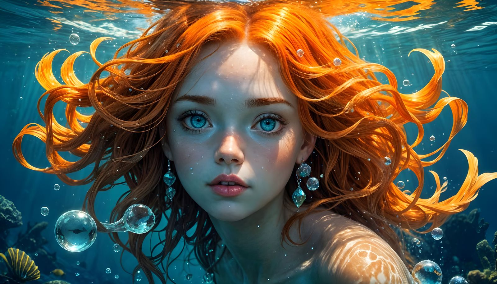 Anime-Style Mermaid Woman in Crystal Clear Ocean