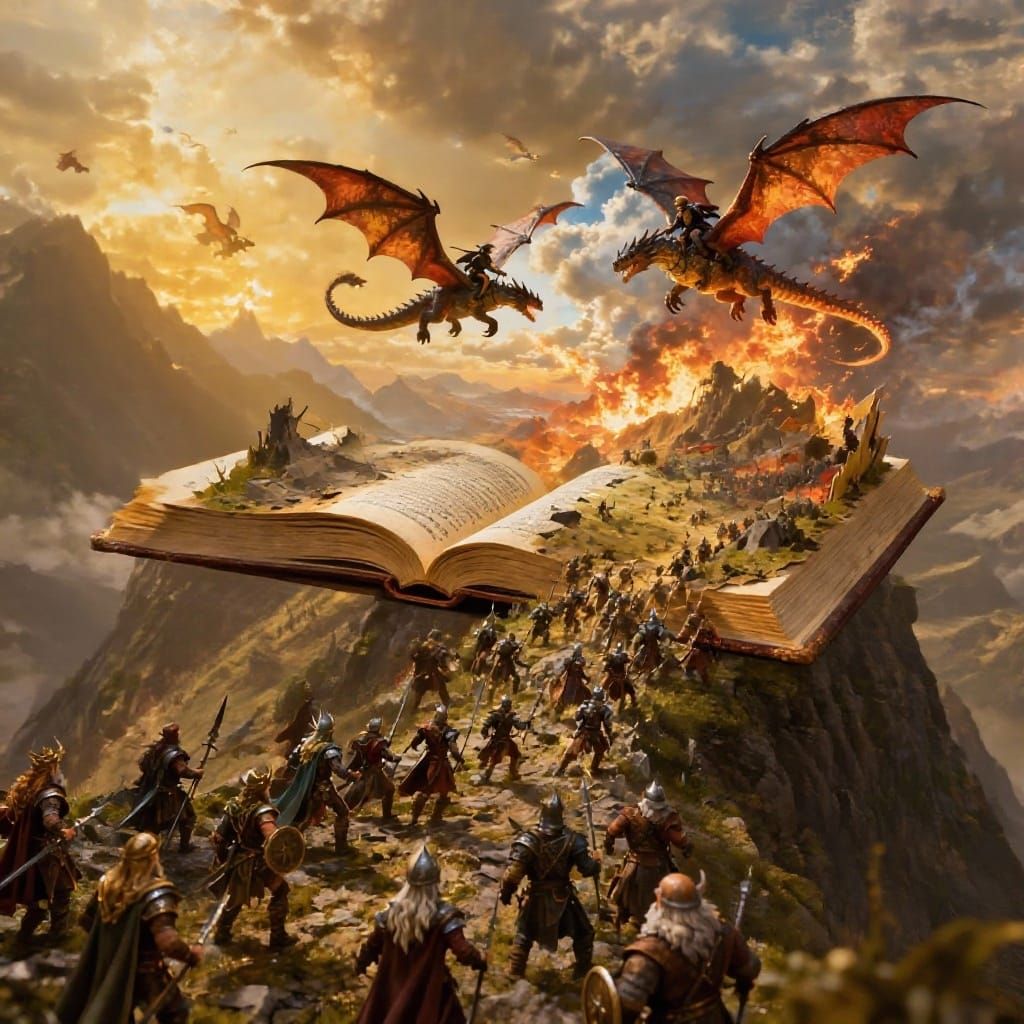 Warrior's View Marching Uphill Towards a Giant Book