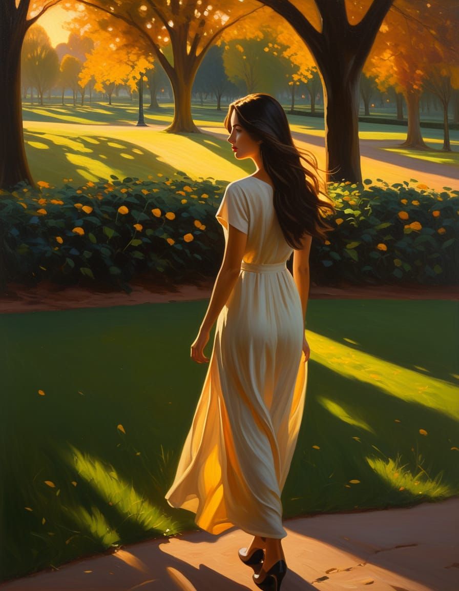 Impressionist Woman in Park at Sunset