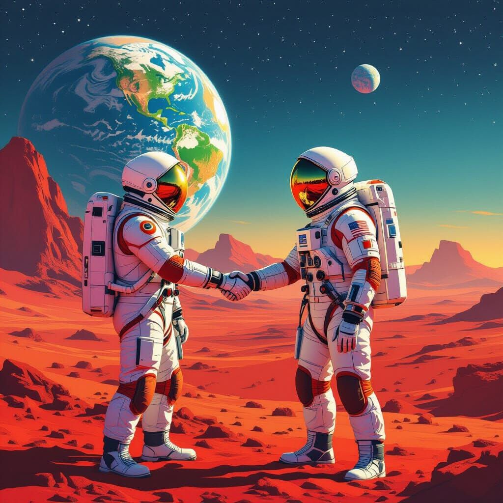 Earth and Mars Friendship Stamp in Futuristic Style