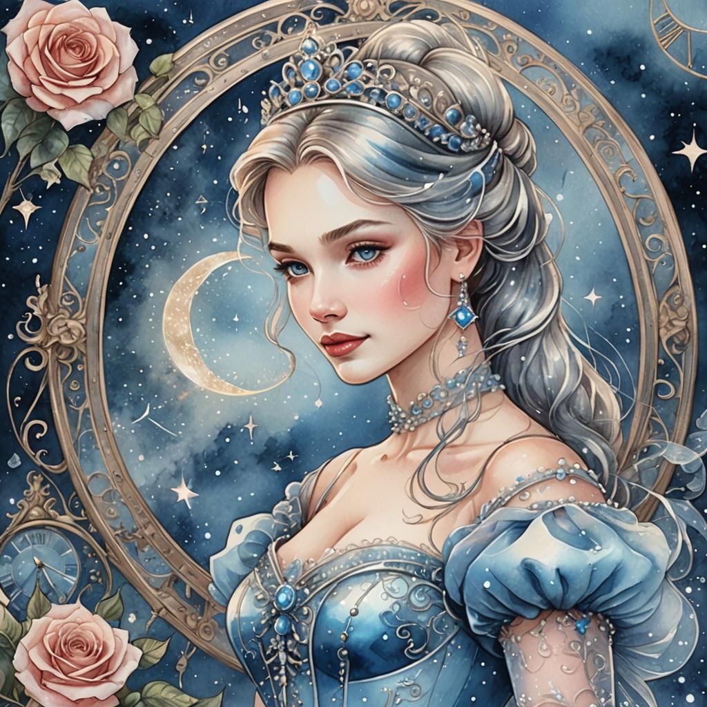 Cinderella Double Exposure Fantasy Art in Watercolor Style