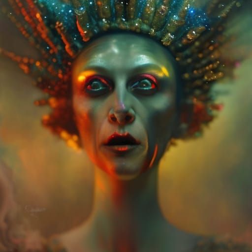 Glittering Demonic Priestess in Surrealist Style