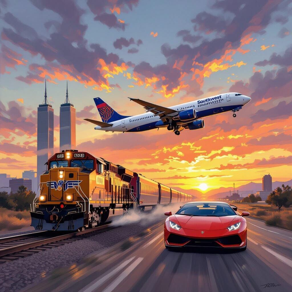 Union Pacific Train, Jet, and Car in Oil Painting