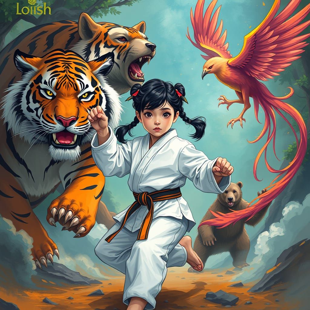 Girl Guided by Spirit Animals: Tiger, Bear, Phoenix