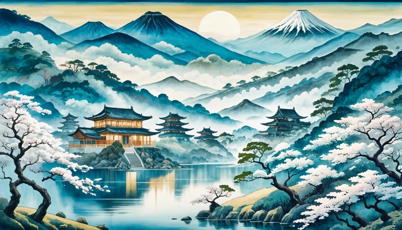 Ukiyo-e Fantasy Landscape with Temples
