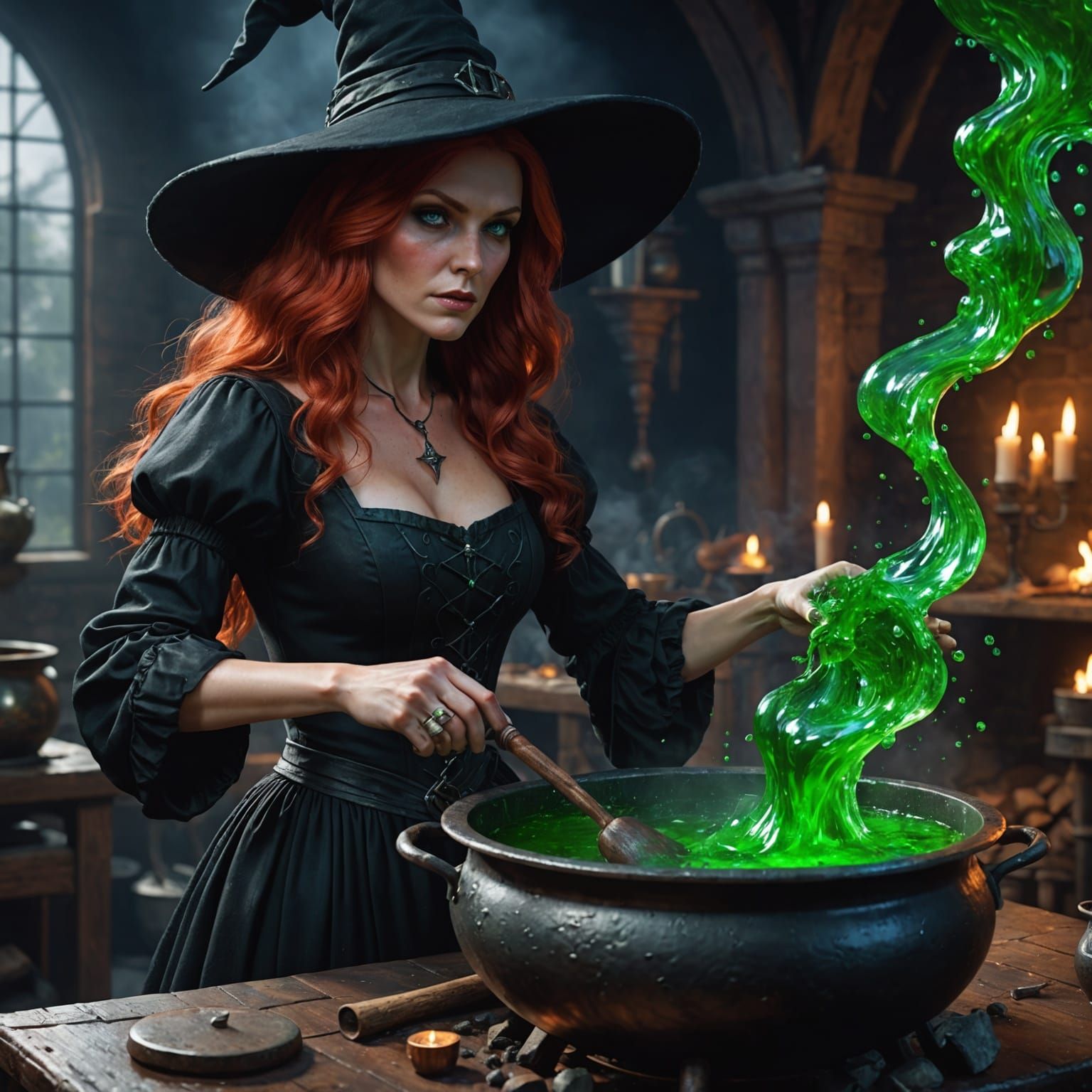 Sinister Red-Haired Witch Stirring Cauldron: Dark Fantasy Ar...