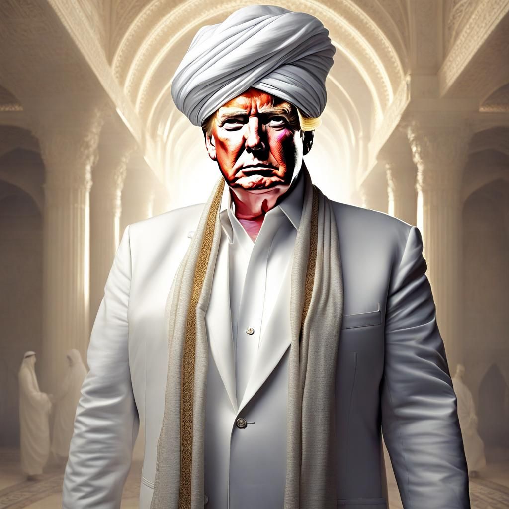Donald Trump depicted as a white turban and Jalabia  cloth, digital art, outfit, , , digital art, epic Composition, volu...