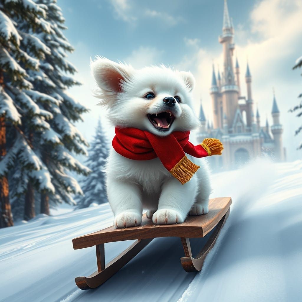 Joyful Fluffy Puppy Speeds Down Snowy Hill in Vibrant Red Sc...