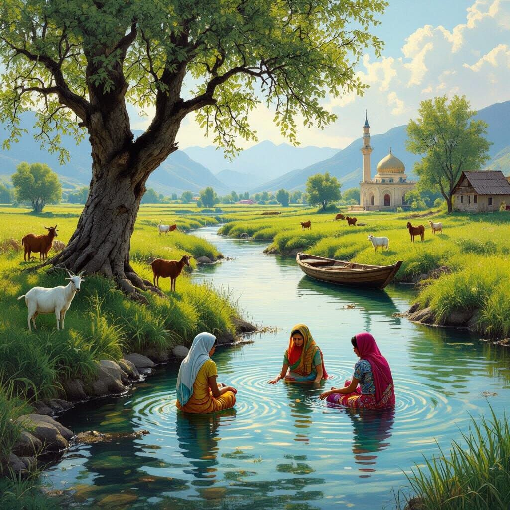 Peaceful Rural Scene with River and Mosque