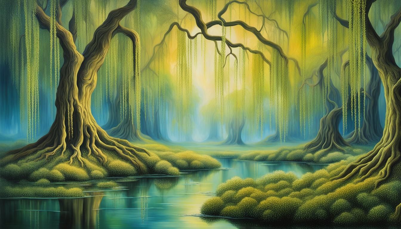Fairies in Weeping Willow Forest, Surreal Oil Painting