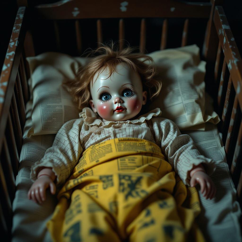 Haunting Grotesque Infant in Cracked Crib Under Moonlight