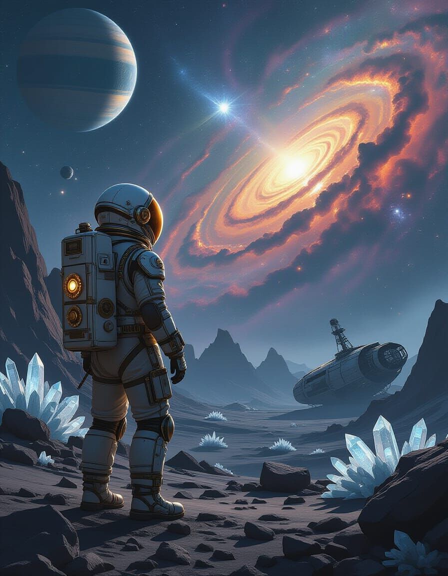 Steampunk Astronaut on Asteroid Gazing at Nebula