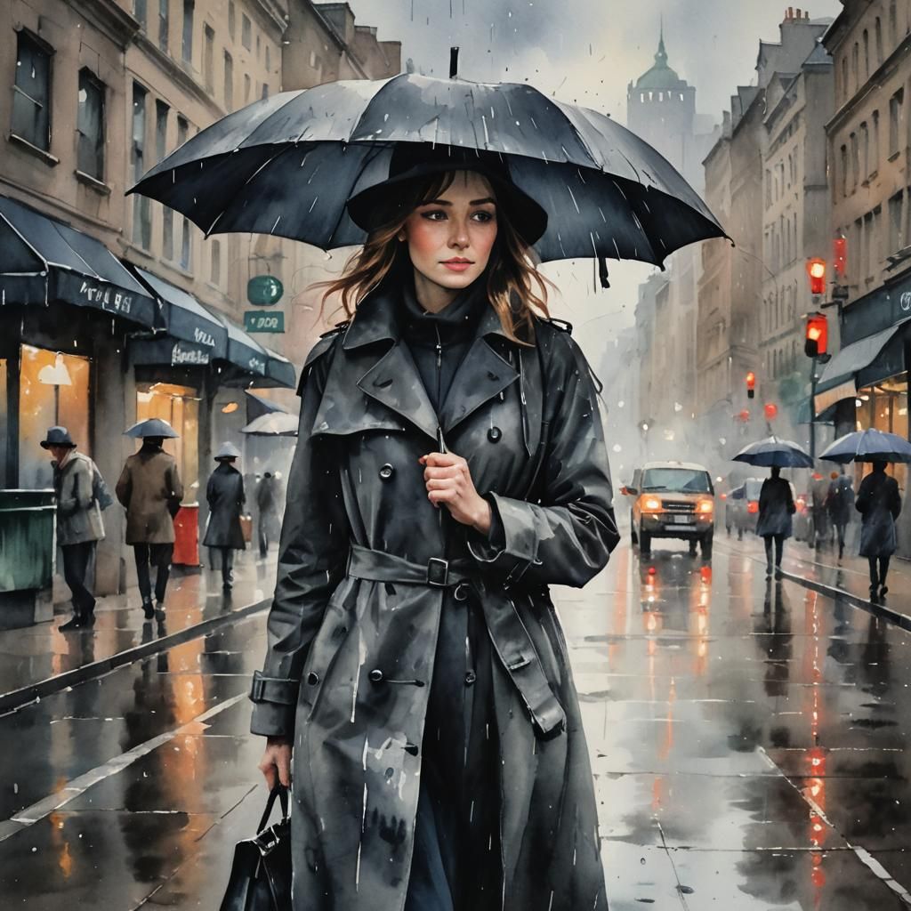 Rainy City Street: Impressionist Watercolor Painting