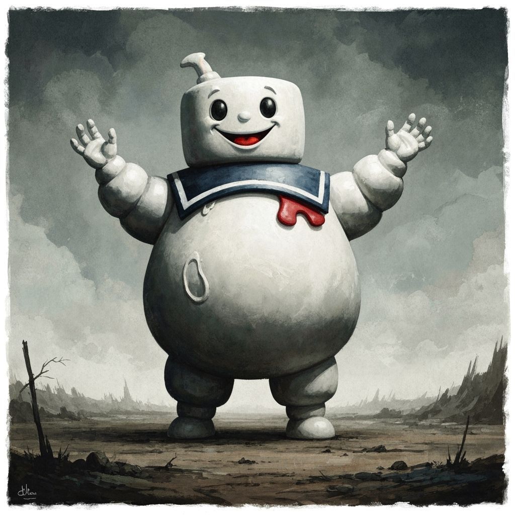 Surreal Stay Puft Marshmallow Man in Gouache Style