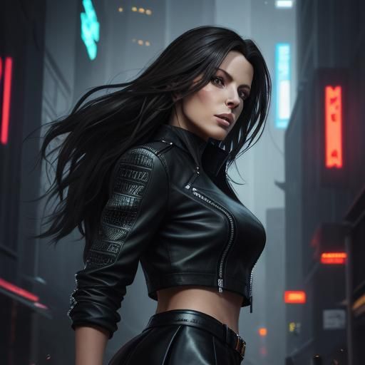 young girl, European, looks like Kate Beckinsale, tall, slim, black long hair, daring, sharp facial features, athletic, ...