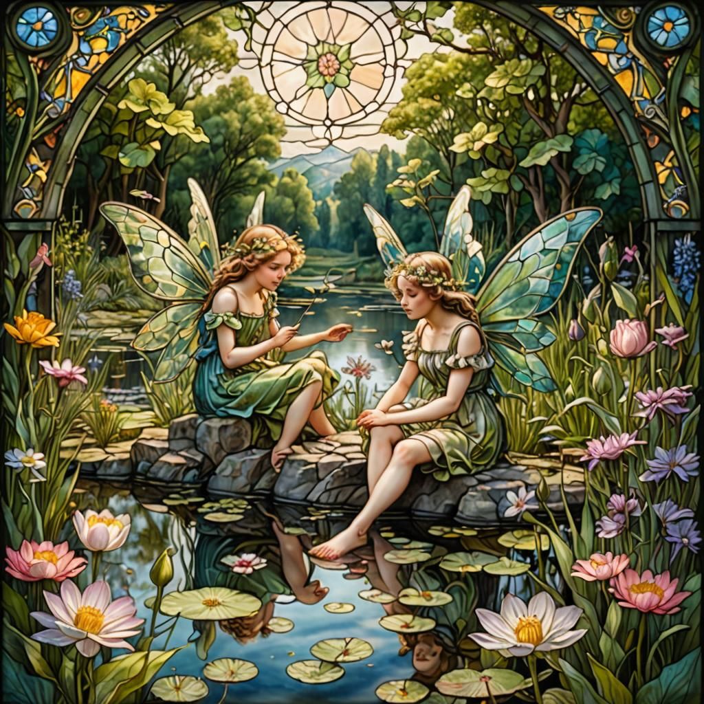 Spring Fairies at Pond in Stained Glass Art